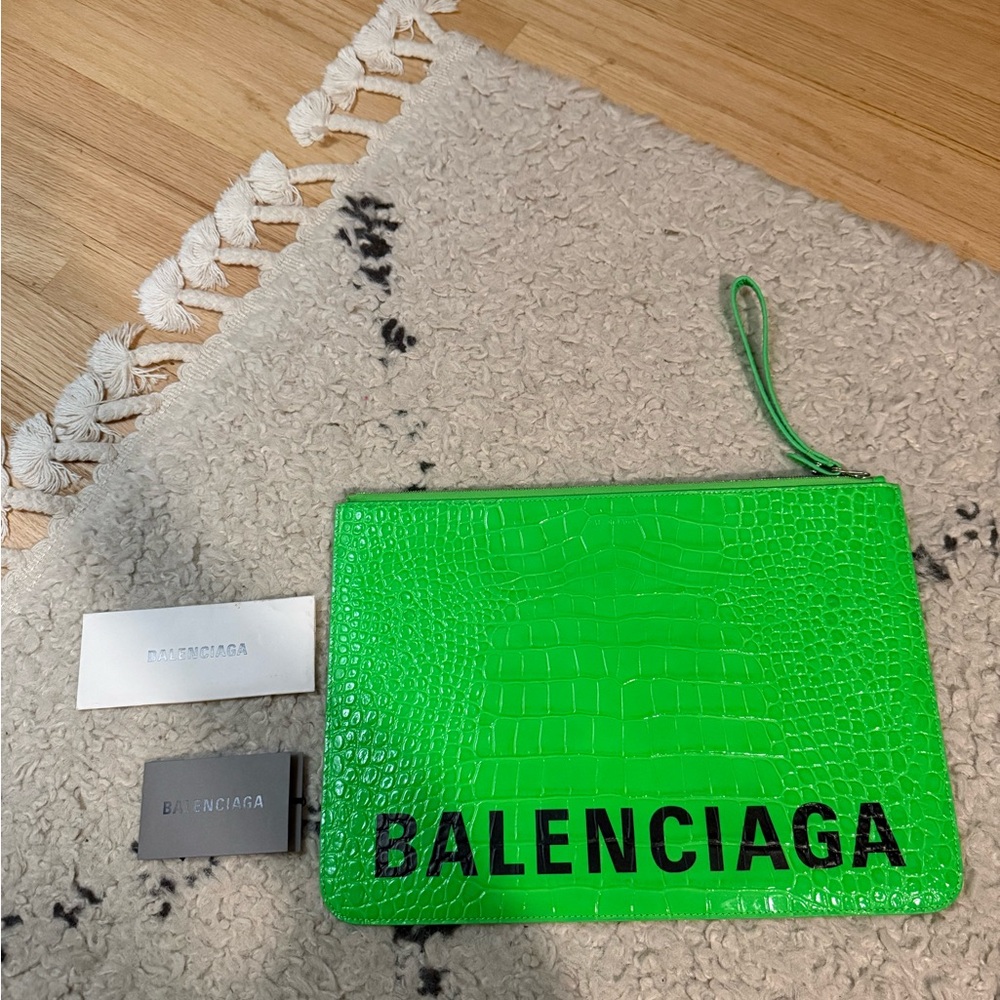 Balenciaga Neon Green Croc-Embossed Wrist Pouch